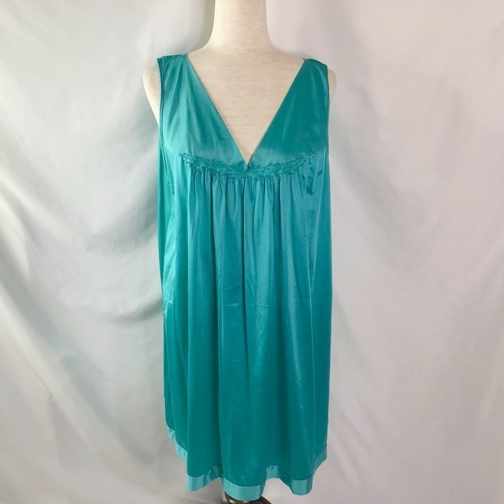 VTG Nightgown Size XL Vanity Fair Nightie Lingerie Wed Sleep Silky Teal Blue